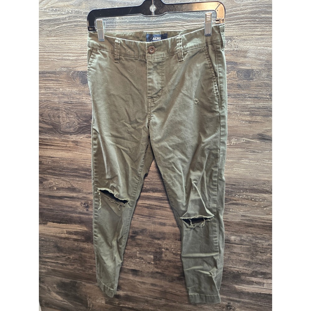 Aeropostale AERO Slim Straight Chinos Olive Green Distressed Pants 27/28